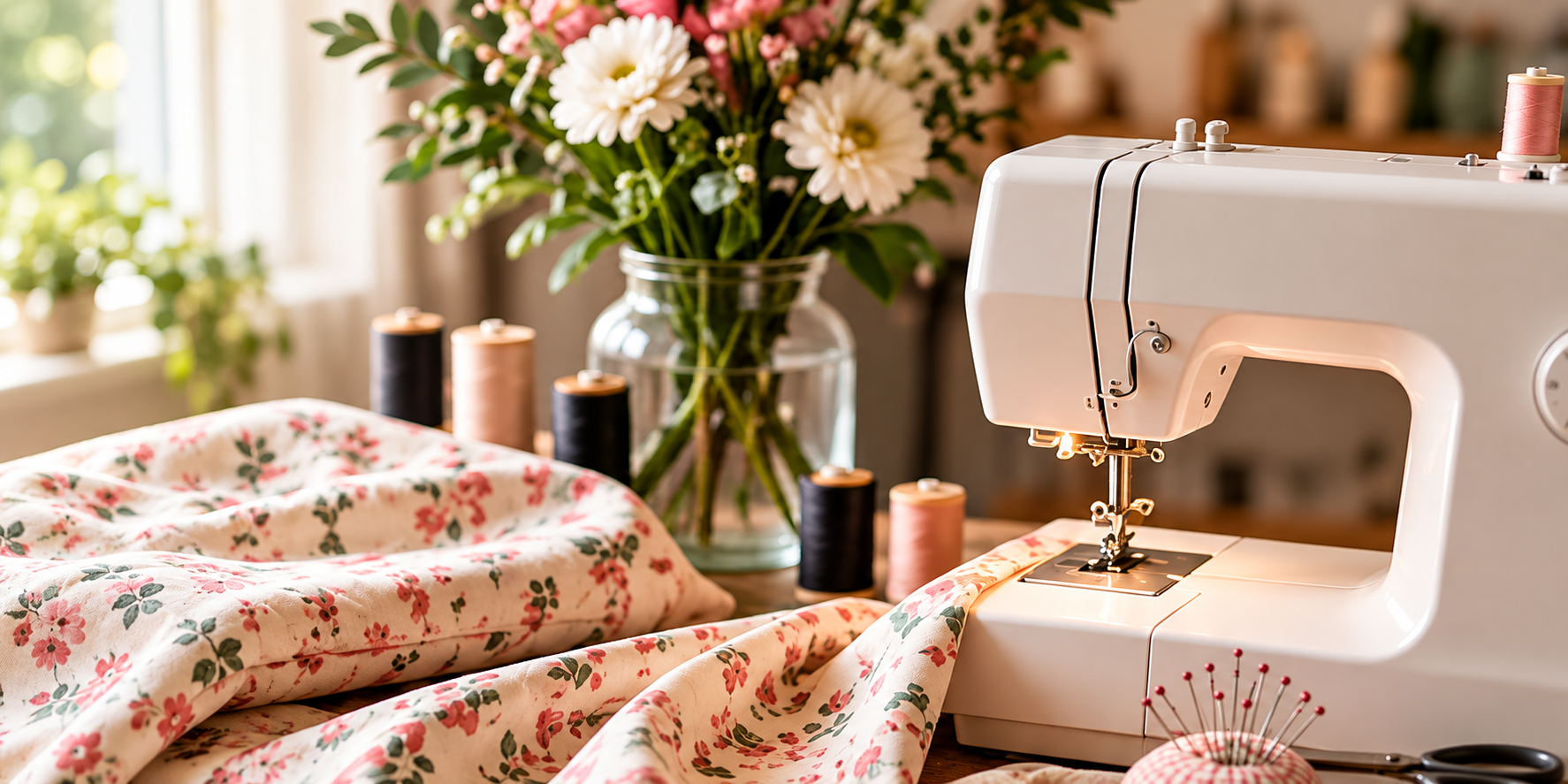 Illustrative sewing studio scene with sewing machine, fabric and tools