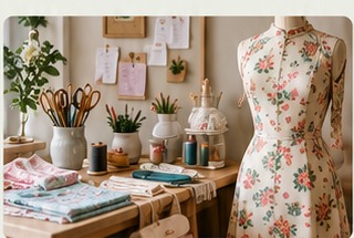 Illustrative sewing studio with dress form and sewing tools